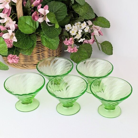 Antique 1920s Anchor Hocking Green Spiral Uranium Glass Footed Sherbet Set of 5 - Picture 1 of 9